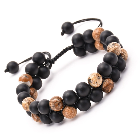 Bracelet En Perles De Pierre Naturelle À Double Rangée Fait Main Onyx Noir Mat Jaspe Corde Tressée Ajustable Unisexe