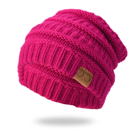 Knit Beanie Hat Acrylic Warm Winter Chunky Cable Melange Pullover Cuffed Faux Leather Patch Outdoor Casual