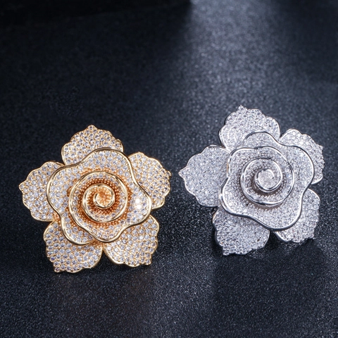 Rosenblüten Statement Ring Mikro Zirkonia Kupfer Vergoldet Luxusschmuck Für Damen Hochzeit Party Accessoire