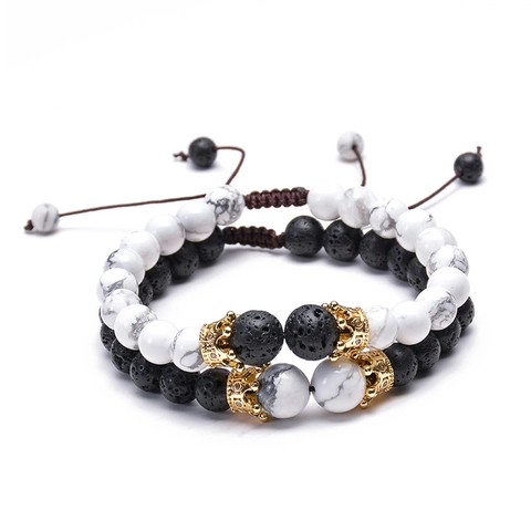 Braccialetti Di Perline Per Coppie Pietra Lavica Naturale Howlite Bianca Rame Micro Zircone Corona Fascino Corda Intrecciata Regolabile
