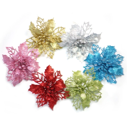 Artificial Christmas Flowers Glitter Hollow Poinsettia Sparkling Plastic Floral Ornaments For Xmas Tree Wedding Party Decor