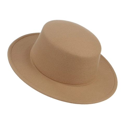 Vintage Wide Brim Wool Felt Fedora Hat Flat Top Boater Hat For Men Women Classic British Style Autumn Winter Warm Cap
