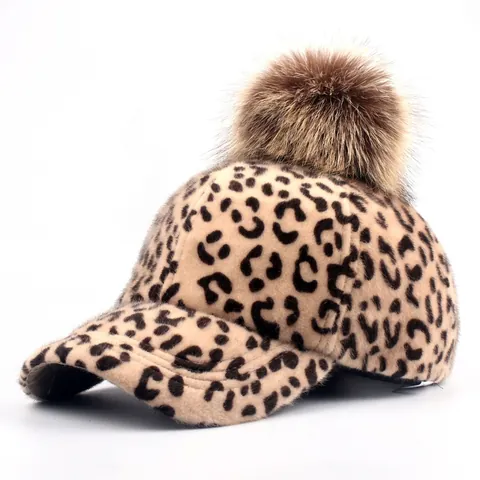 Fashion Women Leopard Print Baseball Cap With Large Faux Fur Pom Pom Winter Warm Cotton Polyester Adjustable Sun Hat