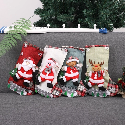 Weihnachtsstrumpf Geschenktüte 3D Weihnachtsmann Schneemann Rentier Bär Leinen Karo Feiertag Party Baum Dekoration