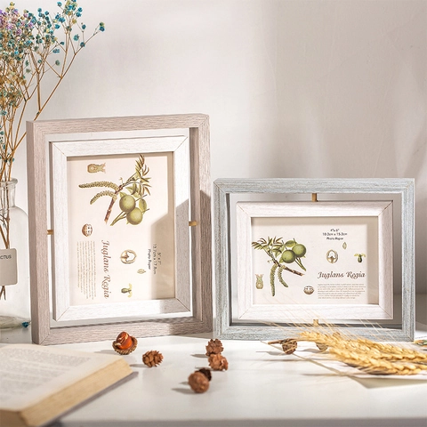 Rotating Photo Frame Double Sided Wooden Picture Holder Desktop Ornament With Hydroponic Vase Mirror Home Decor