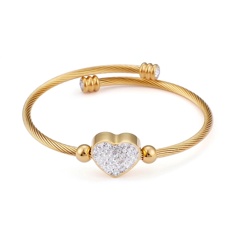 Bracelet Jonc Câble Torsadé Coeur Acier Inoxydable Plaqué Or Oxyde De Zirconium Pavé Bijoux Romantiques Pour Femmes