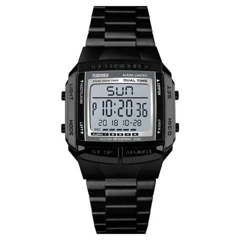SKMEI Men Digital Watch Square Stainless Steel Strap Waterproof Sport Wristwatch Dual Time Alarm Backlight Business Watch