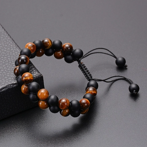 Natural Gemstone Dual Row Braided Bracelet Adjustable Energy Jewelry For Men Unisex