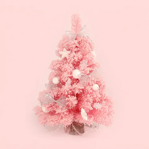 Pink Flocked Christmas Tree With LED Lights Tabletop Holiday Decoration PVC Wooden Base Star And Snowball Ornaments