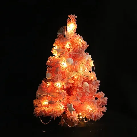 Pink Flocked Christmas Tree With LED Lights Tabletop Holiday Decoration PVC Wooden Base Star And Snowball Ornaments