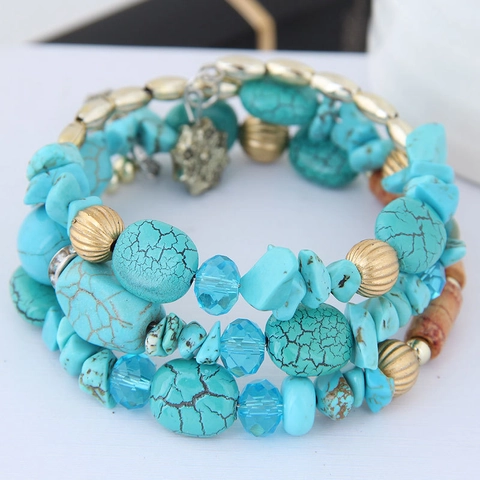 Bohemian Multi-layer Wrap Bracelet Alloy Metal Faux Turquoise Crystal Beads Shell Wood Ethnic Retro Jewelry For Women