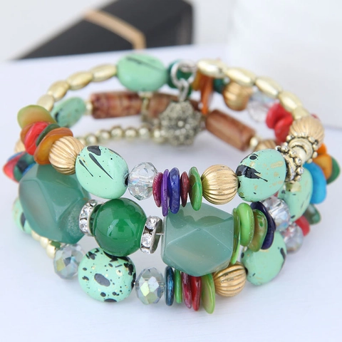 Bracelet Enroulable Multi-couches en Perles Bohème pour Femme Bijoux en Alliage Ethnique Vintage avec Pierre de Turquoise Cristal Coquille
