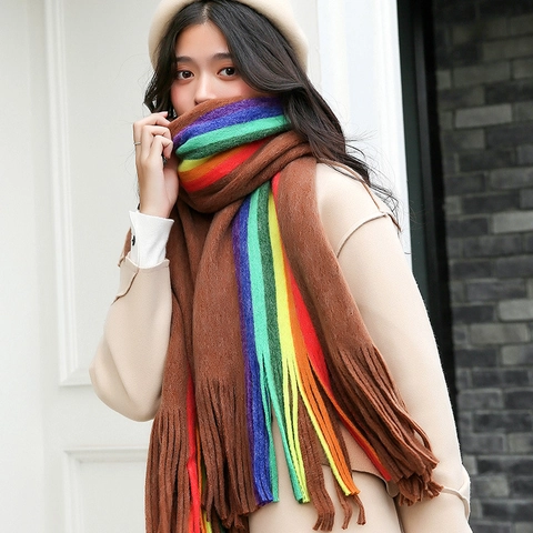 Sciarpa A Righe Arcobaleno Imitazione Cashmere Spessa Calda Inverno Nappe Donna Elegante Morbida