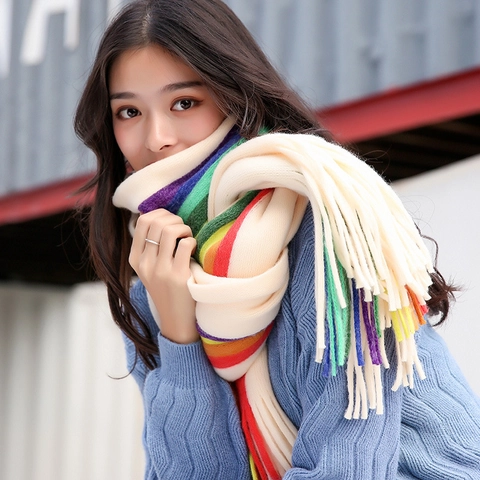 Sciarpa A Righe Arcobaleno Imitazione Cashmere Spessa Calda Inverno Nappe Donna Elegante Morbida