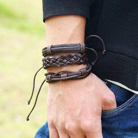 Pulseras De Cuero Trenzado Con Remaches De Estrella De Aleación Cuerda De Cáñamo Cordón Ajustable Estilo Punk Retro Hombre