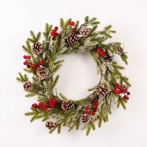 Christmas Wreath PE Pine Needles Pine Cones Red Berries Artificial Snow Flocking Door Hanging Holiday Decor Ornament