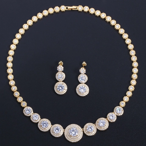 Luxurious Copper Zirconia Jewelry Set With Necklace And Earrings Micro Pave Real Gold Plated Wedding Banquet Women Jewelry