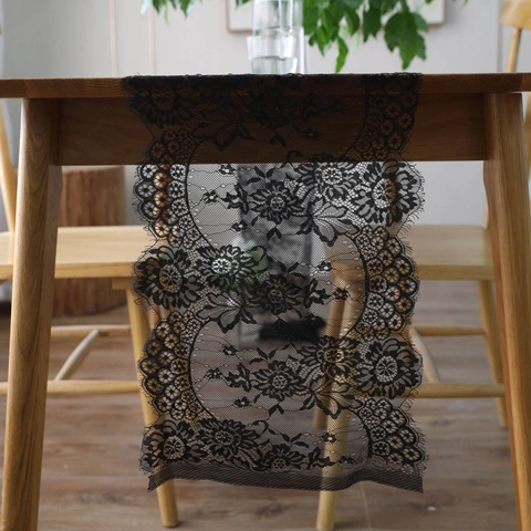 Elegant Lace Table Runner Floral Embroidered Eyelash Edge Transparent Vintage Style For Wedding Christmas Party Home Decor