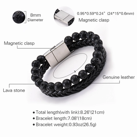 Mens Vintage Double Layer Bracelet Natural Lava Stone Braided Leather Stainless Steel Magnetic Clasp Essential Oil Diffuser