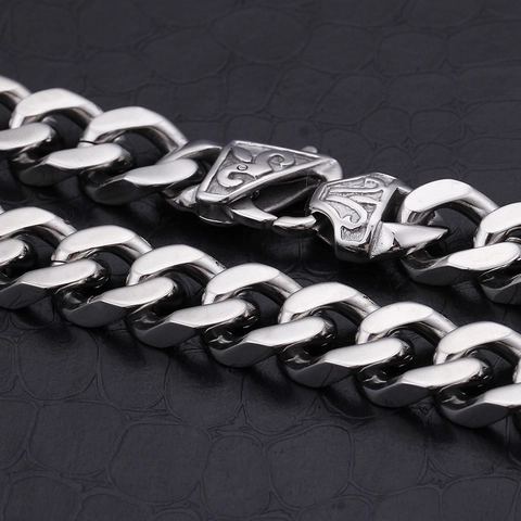 Men Cuban Link Chain Necklace Stainless Steel Thick Wide Curb Chain Punk Hip Hop Jewelry With Vintage Carved Clasp