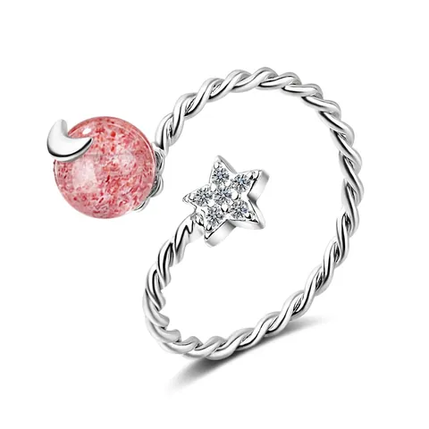 Piccolo Anello Aperto in Cristallo di Fragola e Pietra di Luna per Donna in Lega con Strass Stella e Luna Regolabile Gioielli Stile Ins