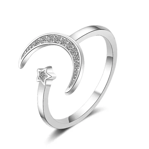 Minimalist Copper Zirconia Star Moon Open Ring For Women Adjustable Silver Color Fashion Jewelry Accessories Gift For Her
