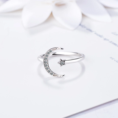 Minimalist Copper Zirconia Star Moon Open Ring For Women Adjustable Silver Color Fashion Jewelry Accessories Gift For Her