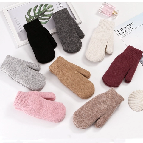 Knitted Gloves Rabbit Fur Acrylic Wool Polyester Solid Color Thickened Warm Winter Casual Full Finger Women
