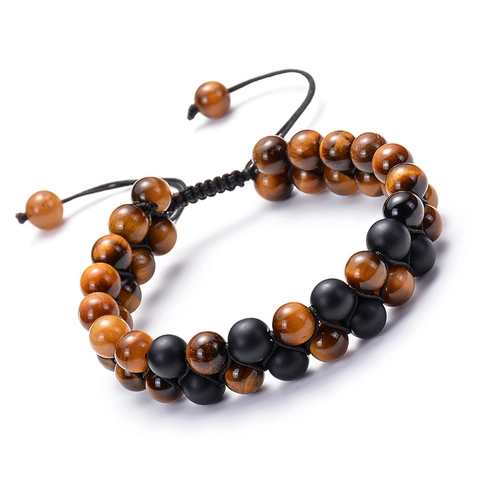 Bracciale In Pietra Occhio Di Tigre A Doppia Fila Corda Intrecciata Regolabile Perle Di Onice Nero Opaco Gioielli Unisex