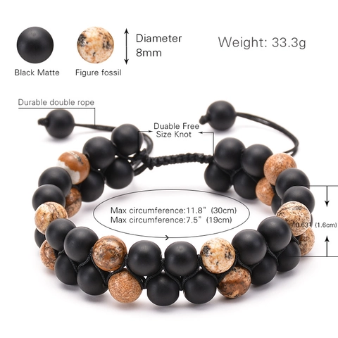 Bracelet En Perles De Pierre Naturelle À Double Rangée Fait Main Onyx Noir Mat Jaspe Corde Tressée Ajustable Unisexe