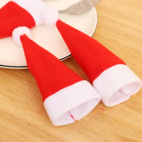 Mini Cappello di Babbo Natale Porta Posate Decorazione Bottiglia di Vino Rosso Bianco Tessuto Decorazione Tavola Festa