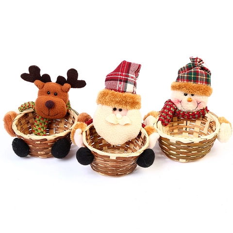 Panier À Bonbons De Noël En Bambou Tissé Rangement Cadeau Père Noël Bonhomme De Neige Renne Peluche Décoration Table