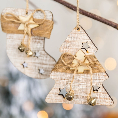 Decorazioni Natalizie In Legno Rustiche Ornamenti Da Appendere Stella Renna Calza Albero Di Natale Con Corda Di Canapa E Campanelli