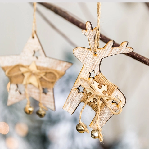 Decorazioni Natalizie In Legno Rustiche Ornamenti Da Appendere Stella Renna Calza Albero Di Natale Con Corda Di Canapa E Campanelli