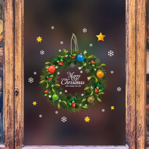 Christmas Window Stickers PVC Waterproof Removable Wreath Santa Snowman Decals Festive Glass Door Home Shop Decor
