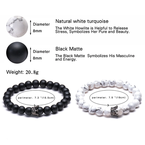 Natuurlijke Lavasteen Witte Howliet Kralen Armband Met Koperen Zirkonia Kroonbedel Voor Koppels Sieraden