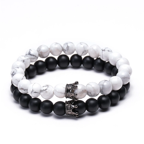 Natuurlijke Lavasteen Witte Howliet Kralen Armband Met Koperen Zirkonia Kroonbedel Voor Koppels Sieraden