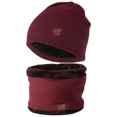 Men Knitted Beanie And Neck Warmer Fleece Lined Winter Warm Hat Maple Leaf Patch Outdoor Thermal
