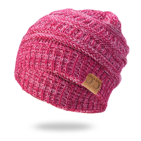 Knit Beanie Hat Acrylic Warm Winter Chunky Cable Melange Pullover Cuffed Faux Leather Patch Outdoor Casual