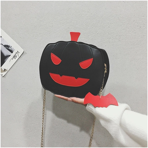 Halloween Pumpkin Crossbody Bag PU Leather Novelty Jack-O-Lantern Chain Shoulder Bag With Bat Charm For Women Girls