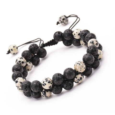 Double Layer Beaded Bracelet Lava Stone Dalmatian Jasper Natural Stone Adjustable Hand Woven Wrap Jewelry For Men Women