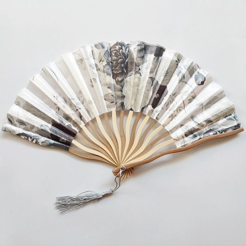 Chinese Style Cherry Blossom Silk Satin Folding Fan With Bamboo Frame And Tassel Elegant Floral Handheld Fan For Decoration