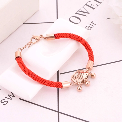 Fu Character Red Rope Bracelet Stainless Steel Rose Gold Plated Longevity Lock Bells Lucky Charm Adjustable Women