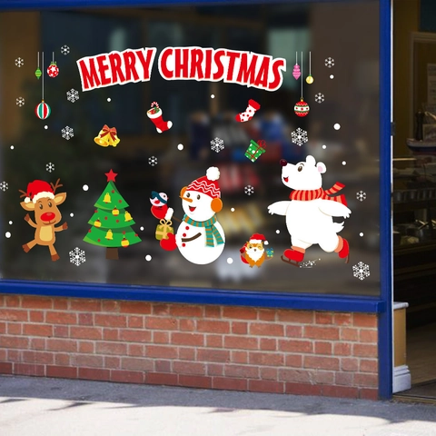 Weihnachten Fensteraufkleber PVC Abnehmbar Rentier Schneemann Wandtattoo Für Laden Glastür Feiertag Home Dekoration
