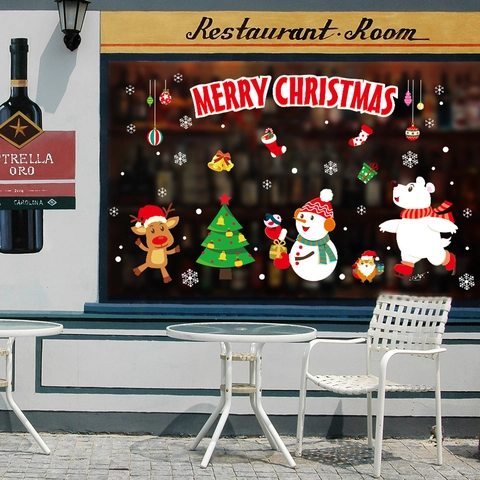 Christmas Window Stickers Merry Christmas Reindeer Snowman Wall Decals Waterproof PVC Removable DIY Holiday Glass Decor