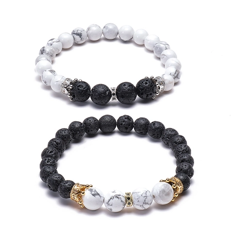 Bracciale Di Perle In Pietra Lavica Naturale E Turchese Bianco Con Corona In Rame Zircone Per Coppie Fatto A Mano