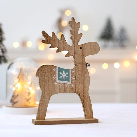 Décoration De Table Renne De Noël Statue De Renne En Bois Avec Cloche En Métal Motif Flocon De Neige Décor