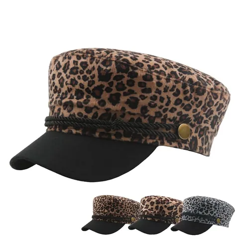 Chapeau Marin Imprimé Léopard Pour Femme Casquette Militaire Fausse Fourrure Avec Visière Noire Corde Tressée Boutons Dorés