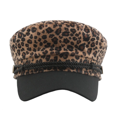 Chapeau Marin Imprimé Léopard Pour Femme Casquette Militaire Fausse Fourrure Avec Visière Noire Corde Tressée Boutons Dorés
