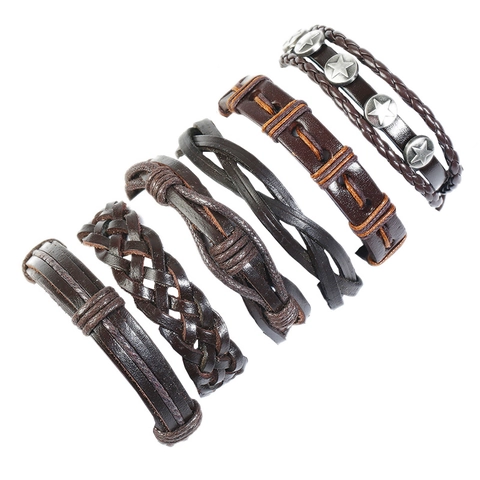 Set di Braccialetti in Pelle di Vacchetta da Uomo Minimalista Vintage Intrecciato a Mano in Corda di Canapa Multistrato Rivetto a Stella Gioielli Fai da Te